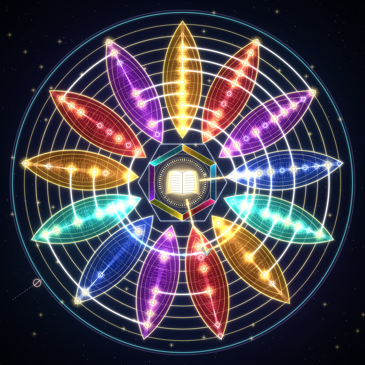 Thirteen coloured glass lenses around one lit open book, inside a six-faceted crystal, crossed by ten gold rings that glow where neighbouring lenses share a structure, and circled by a cyan membrane; a golden thread leaves the book and returns to it.